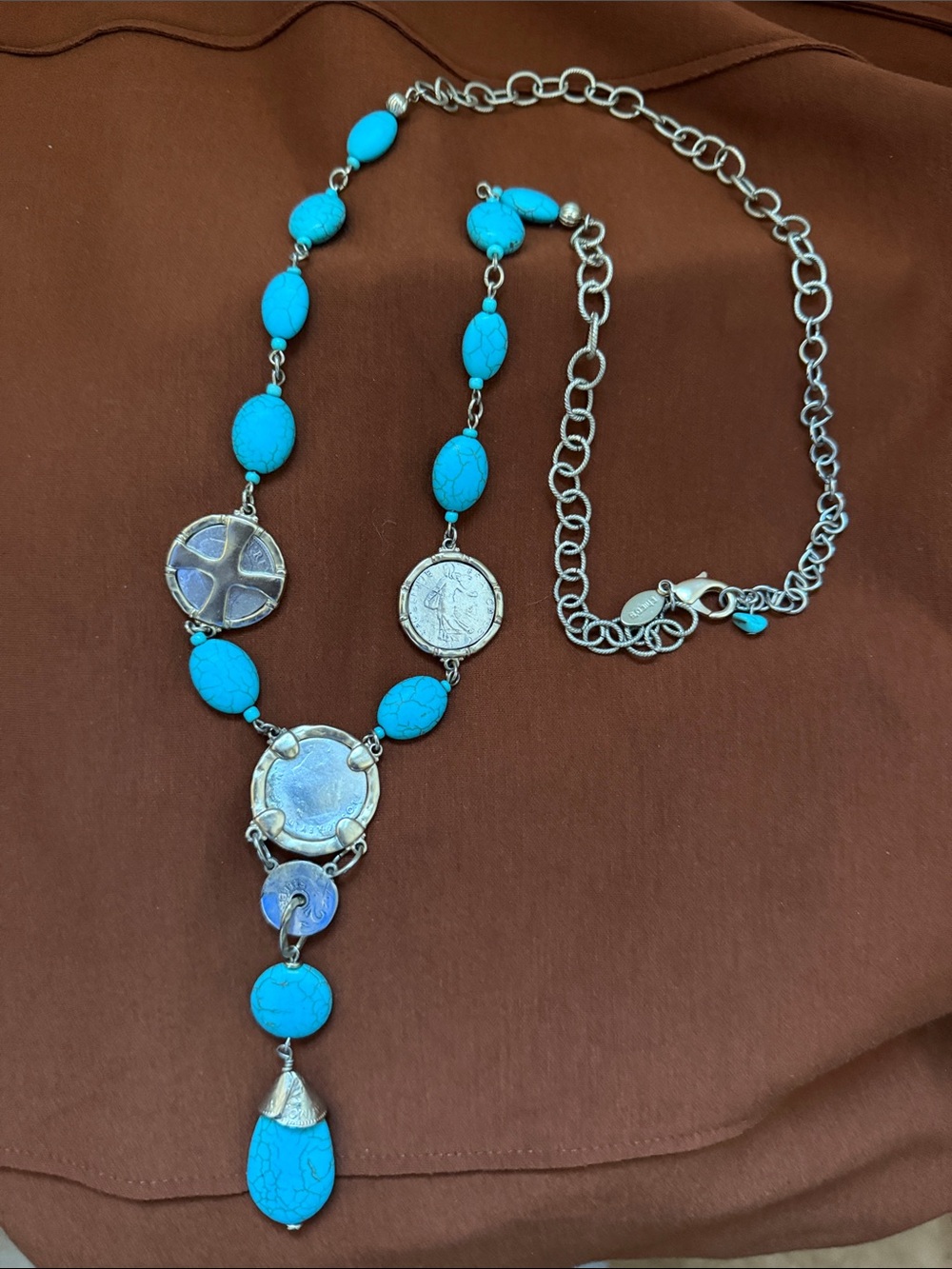 Chico's Silver-Tone Necklace with Bright Turquoise Beads and Coin Charms